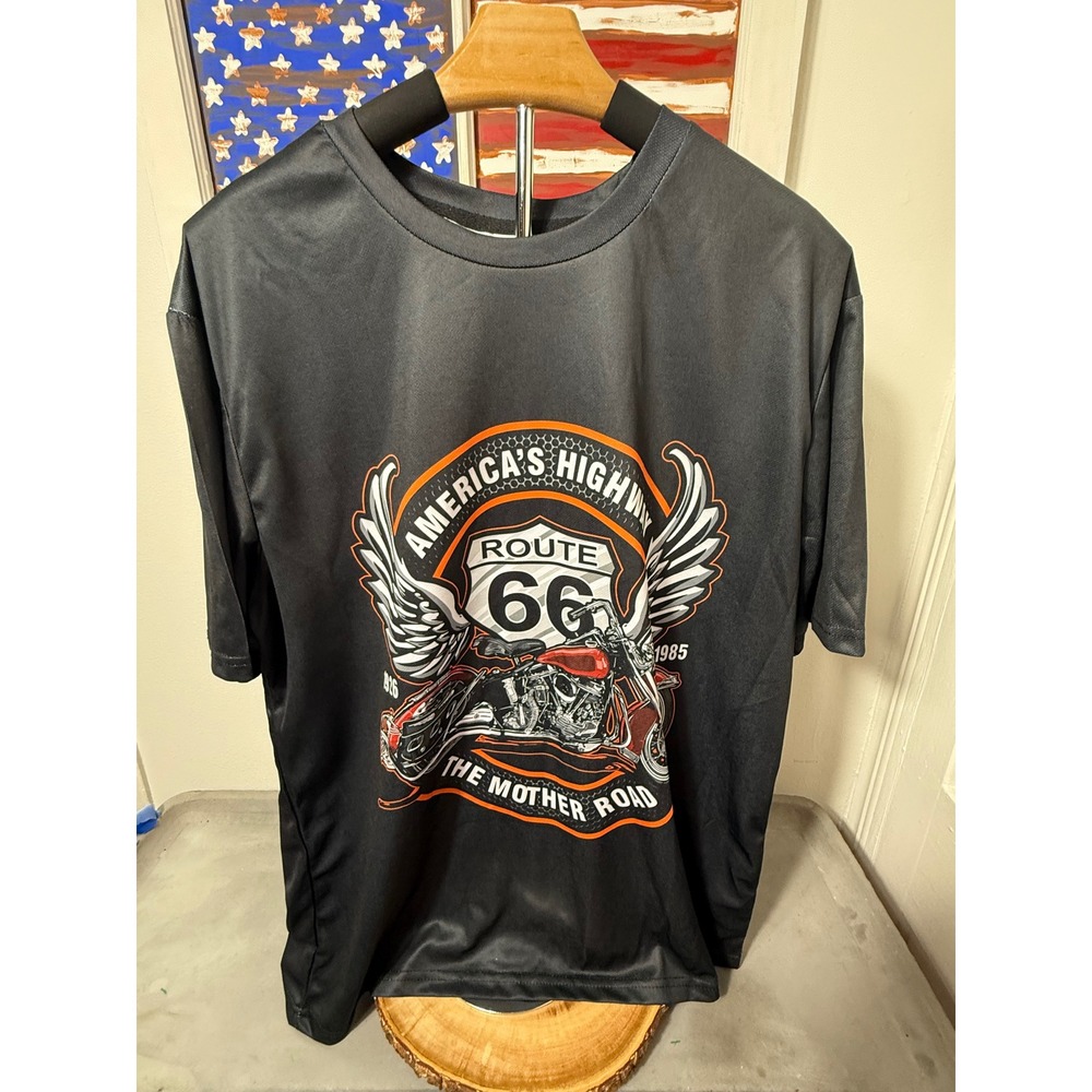 Route 66‎ T Shirt America's Highway Motorcycle Graphic Black Mens Tee